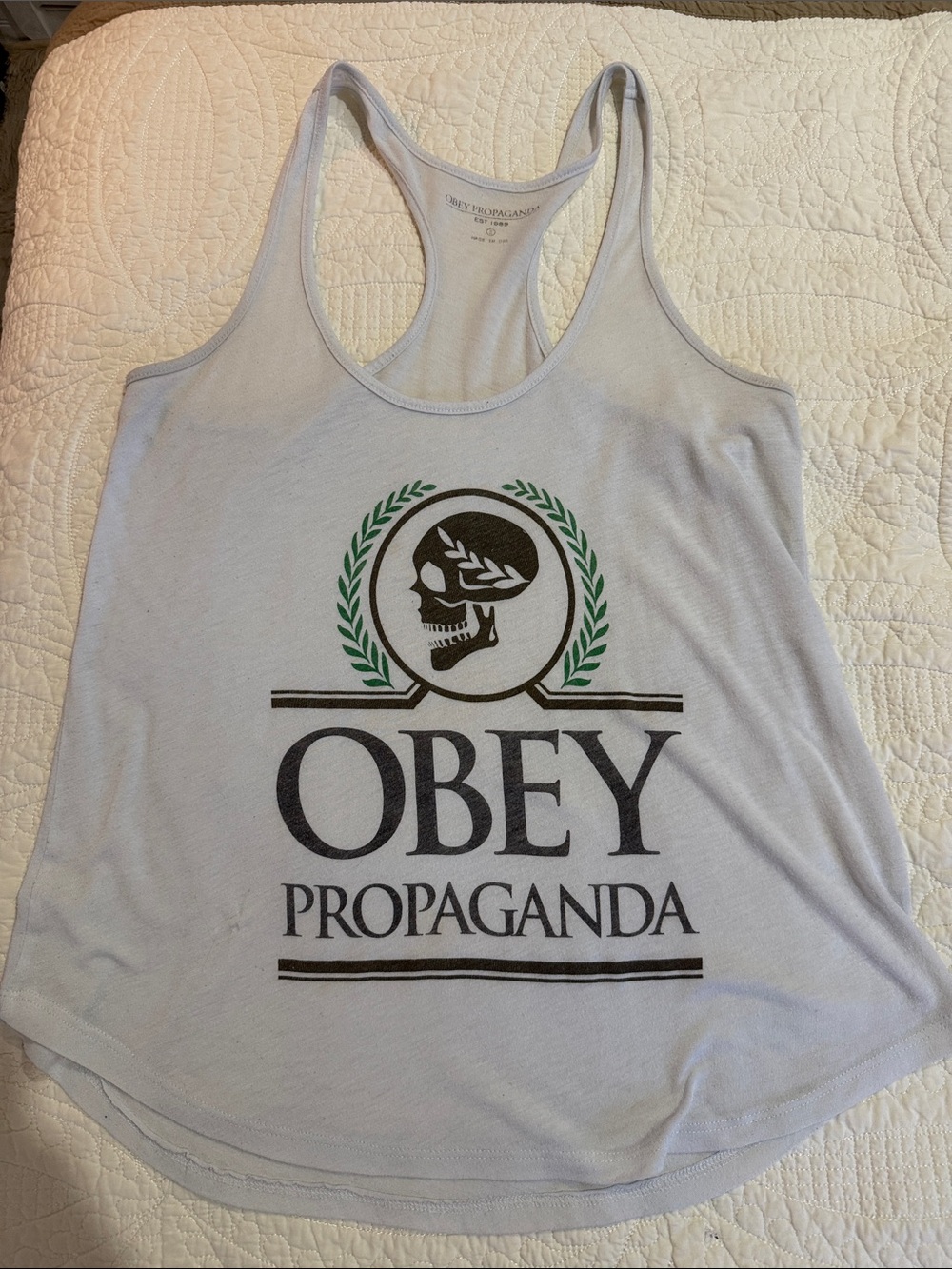 Obey White Graphic Racerback Tank with Green Laurel